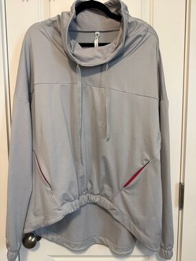 Light Gray Cowl Neck Pullover with Red Pocket Accents